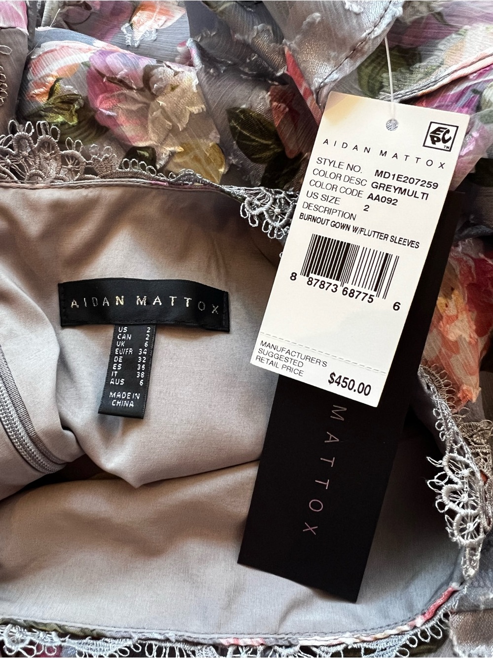 Aidan Mattox burnout gown w flutter sleeves in grey multi size 2 - Picture 4 of 9